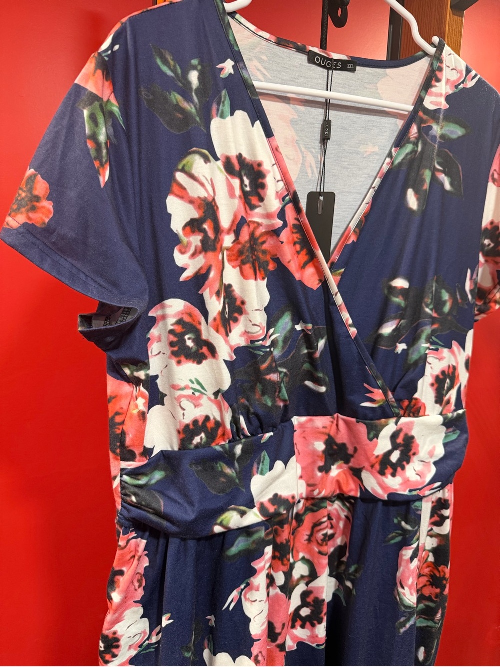 OUGES Floral V Neck Dress Navy Blue Pink Coral Short Sleeve NWT XXL - Picture 6 of 11